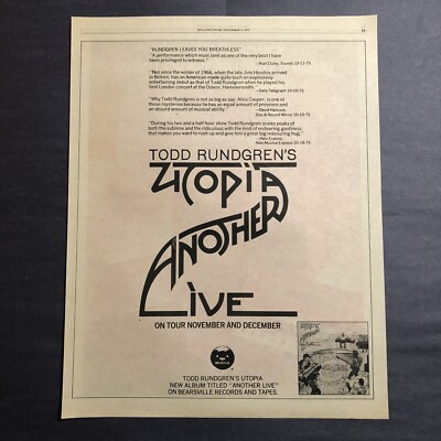 Todd Rundgren Utopia - Another Live 1975 14.5'' x 10.5'' Poster Type Advert