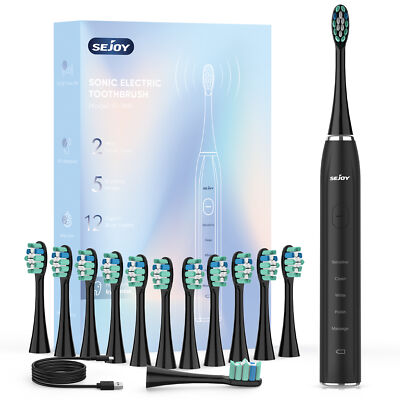 SEJOY Sonic Electric Toothbrush Rechargeable Power 12 Brush Heads 5 Modes Timer