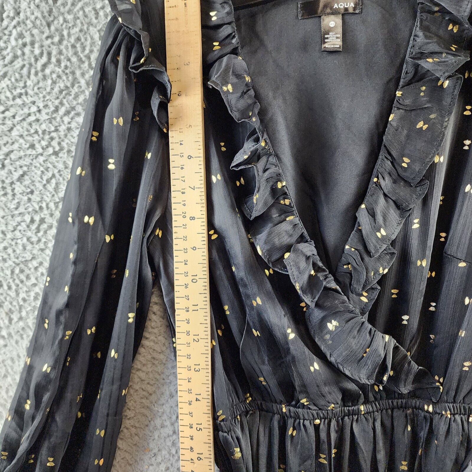 AQUA Ruffle Trim Clip Dot Midi Wrap Dress Women's XS Black/Gold Long Sleeve - Picture 10 of 14