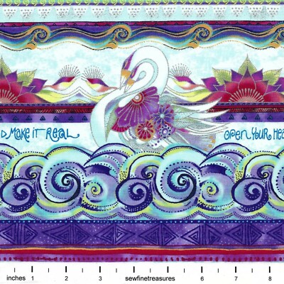 Sea Goddess Laurel Burch Light TURQUOISE BORDER STRIPE Fabric By Long Half-Yard