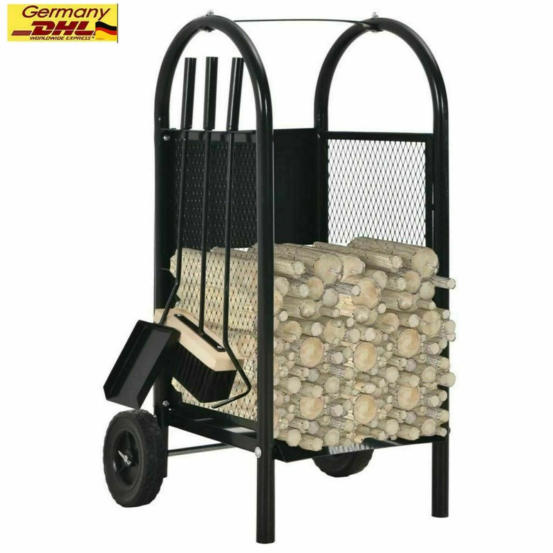 Kaminholzwagen Feuerholz Trolley Holzwagen-regal Brennholzwagen + Kaminbesteck