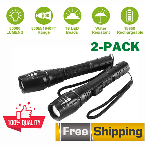 2X Tactical T6 LED Flashlight 50000Lm Aluminum Torch Zoomable 5