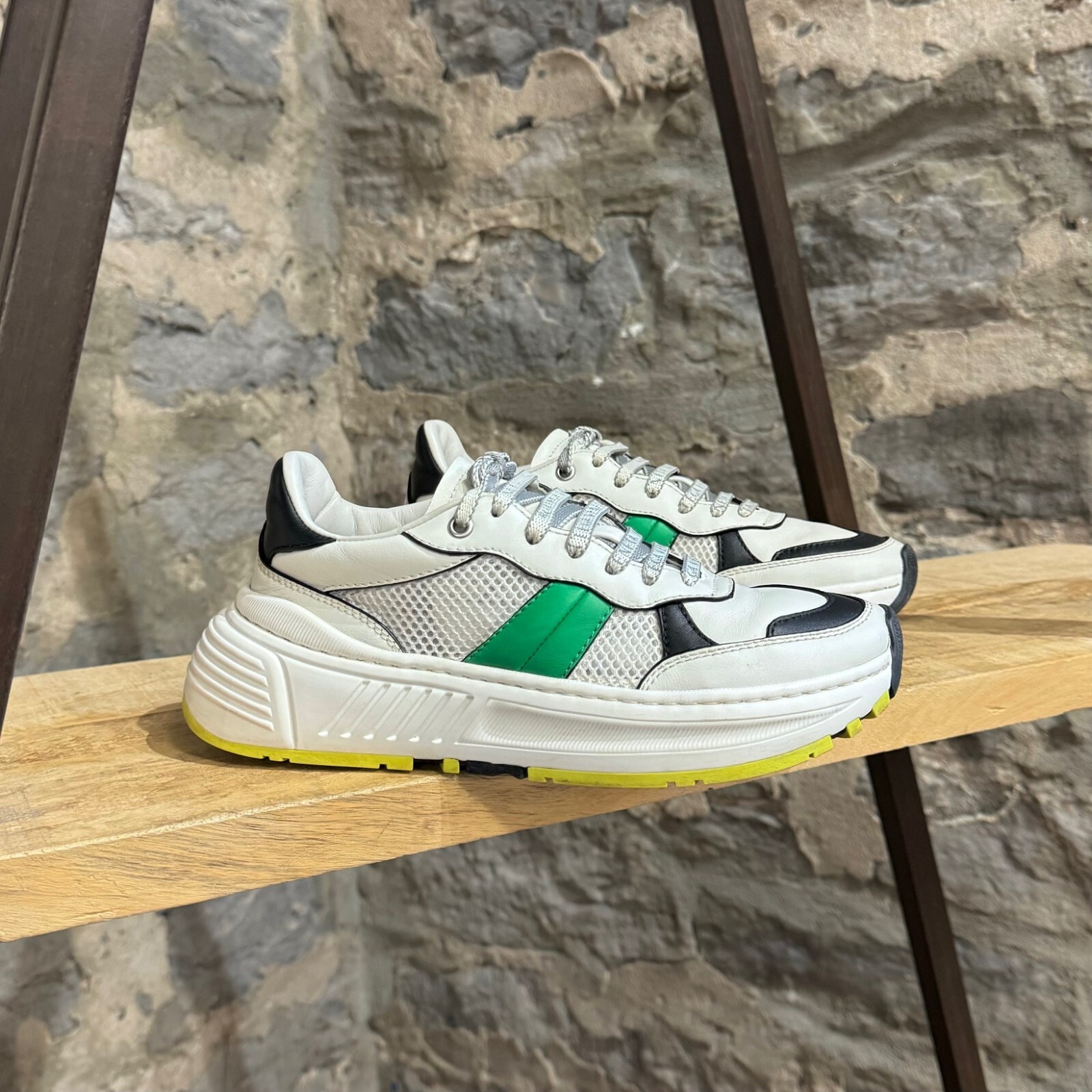Bottega Veneta White Mesh Green Accent Logo Laces Sneakers
