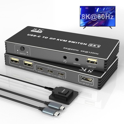 USB C KVM Switch 8K@60Hz 4K@120Hz, 2 Port Type C KVM Switch for 2 Computers S...