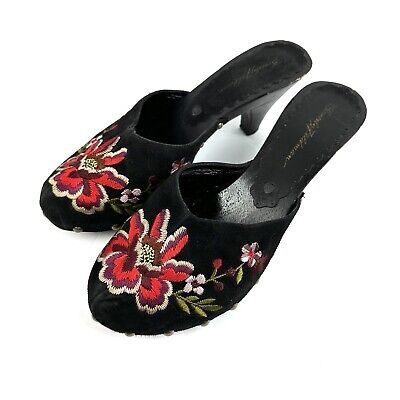 Beverly Feldman Shoes 8 Floral Embroidered Wood Mule Clog Heels Womens