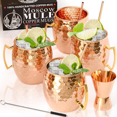 Moscow Mule Copper Mugs - Set of 4-100% HANDCRAFTED - Food Safe Pure Solid Co...