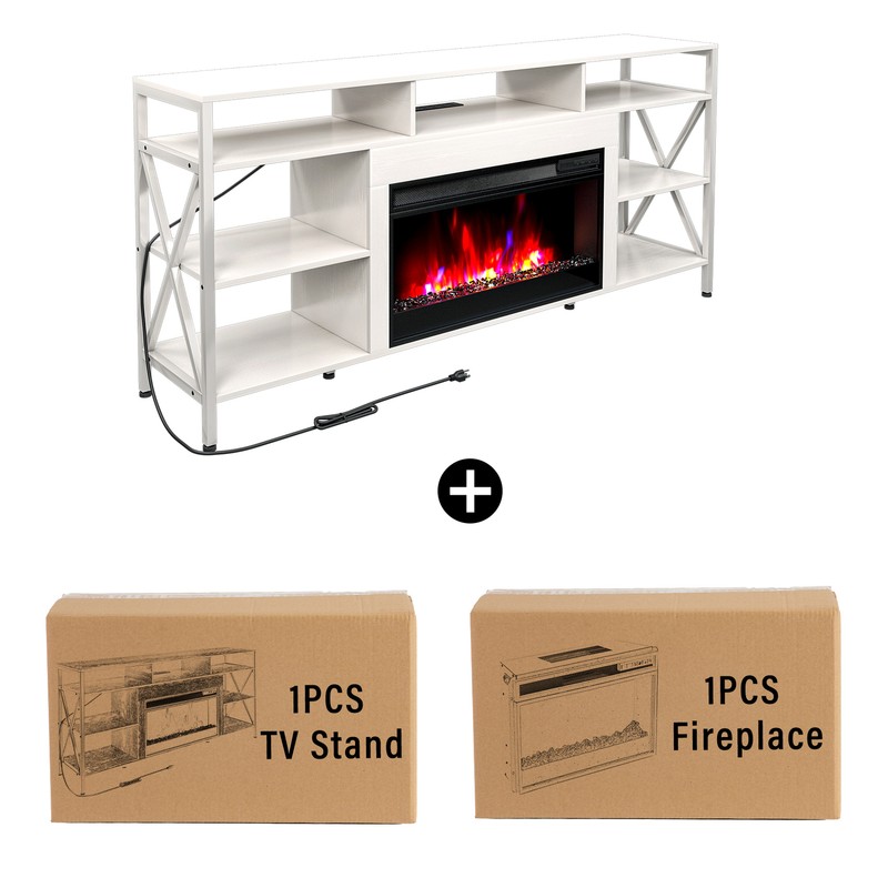 TC-HOMENY LED TV Stand with 27" Fireplace APP & Remote Control 70" TV Cabinet