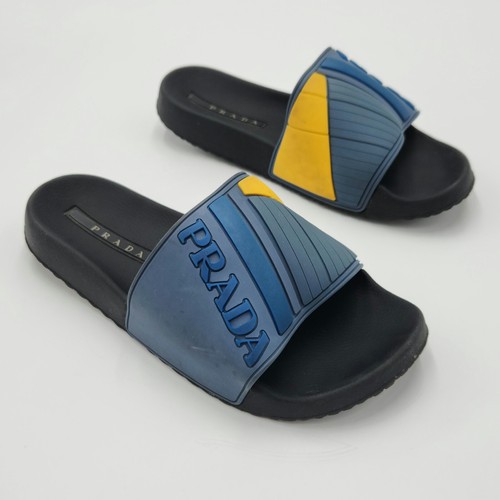 Prada Women's Blue & Yellow Rubber Logo Slides Sandals Size