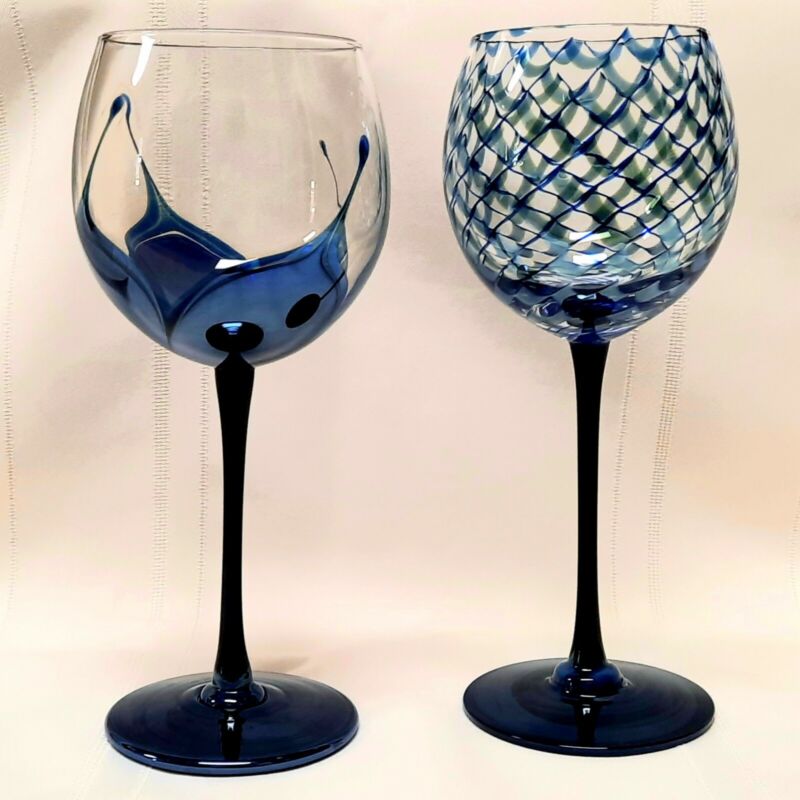 Pair of Hand Blown Art Glass Goblet Chalice Wine Glasses by R. Meng, 1990-91.