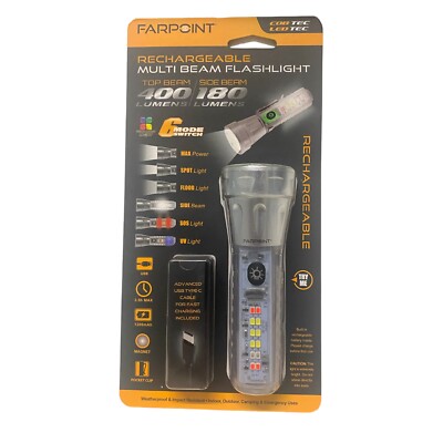 FARPOINT COB LED TEC Rechargeable Multi Beam Flashlight 400 Lumens 6 Modes