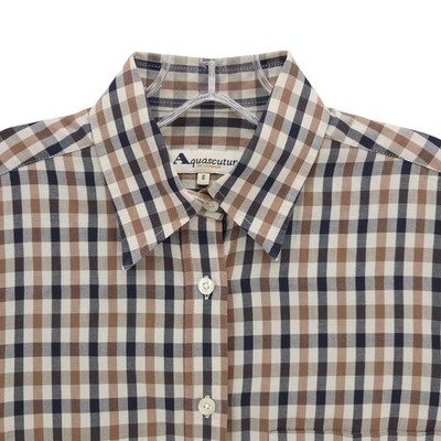 AQUASCUTUM Women's Button Up Shirt Brown Tan Blue Check 100% Cotton SMALL
