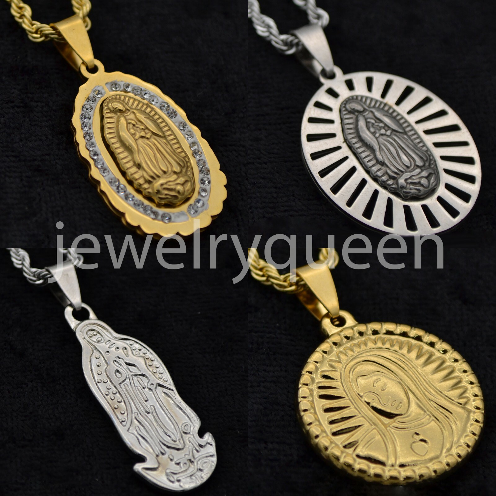 Men Stainless Steel Gold Silver Virgin Mary Pendant Necklace Rope Chain