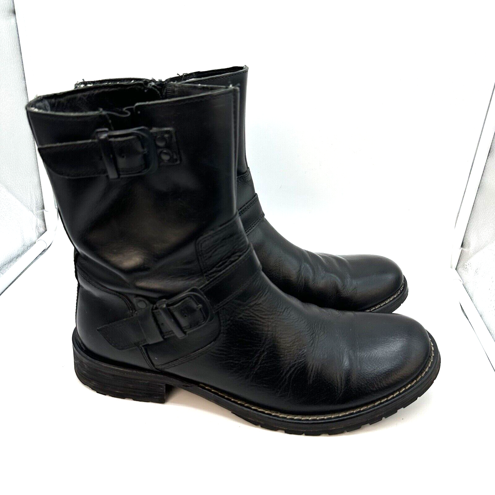 Mens 10.5 Black Leather Motorcycle Full Zip Buckle
