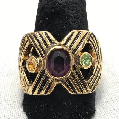 Vintage Signed 18K HGE Gold Plated  Multi Color  Rhinestone  Elegant X  Ring  10