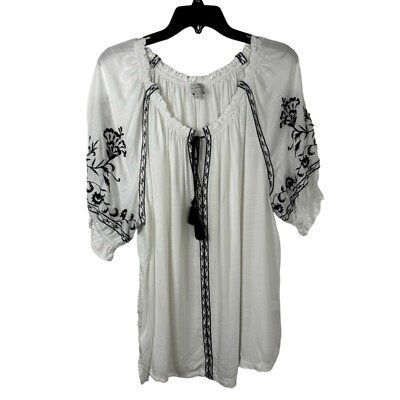 Lucky Brand White Black Peasant Top Blouse Embroidered Cottage Core Boho 3X GUC