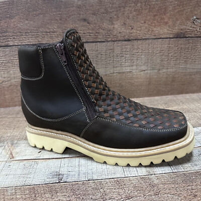 MEN'S WORK BOOTS HAND WOVEN SQUARE TOE BROWN WITH DOUBLE ZIPPER LIGHT SOLE 345