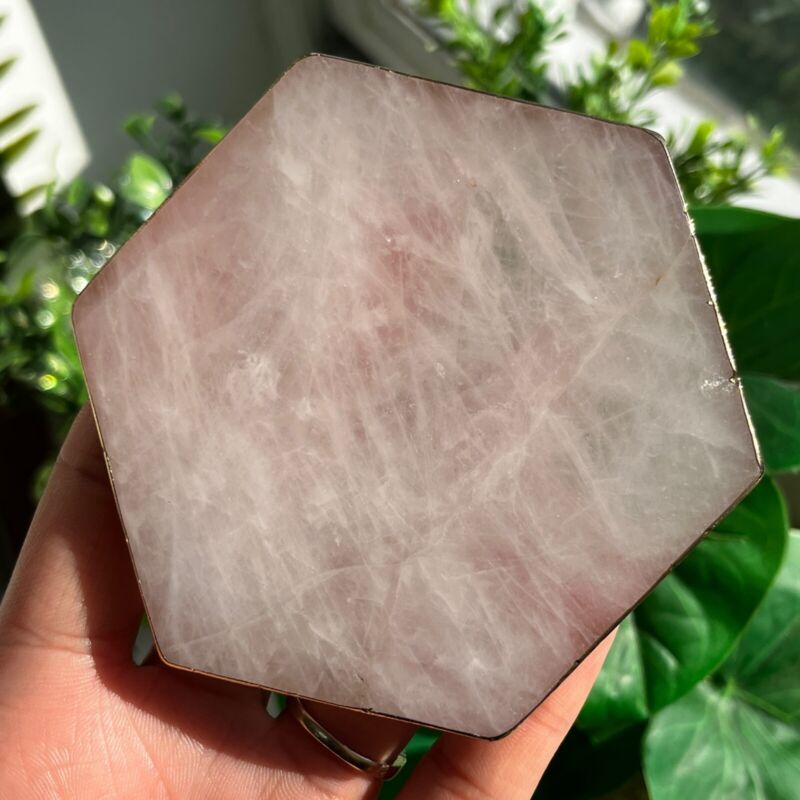Rose Quartz Crystal Coater Hexagon Gold Edge 102g - some glue residue on surface