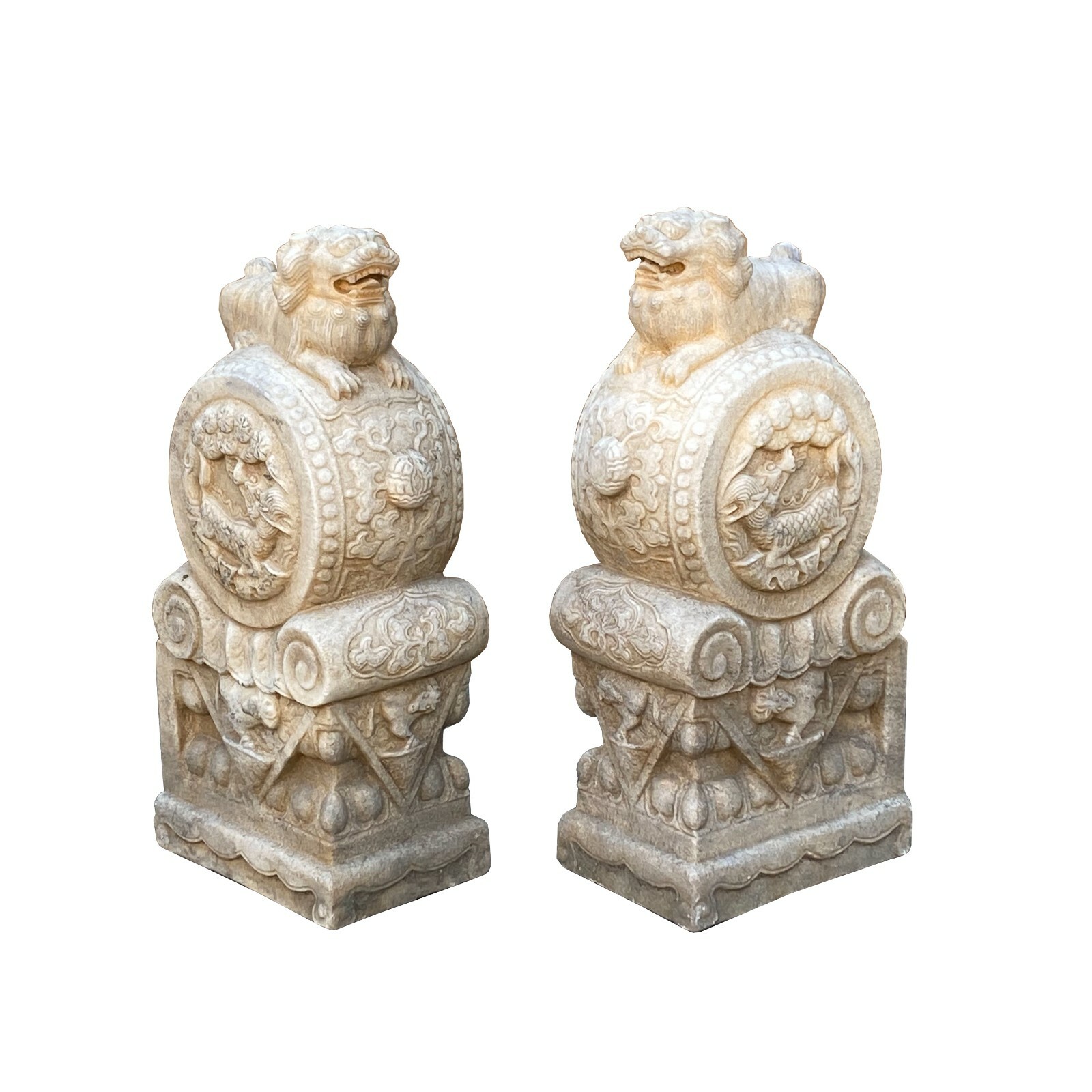 Chinese Pair White Marble Stone Fengshui Foo Dogs Drum Statues cs7205S Chinese Pair White Marble Stone Fengshui Foo Dogs Drum Statues cs7205S