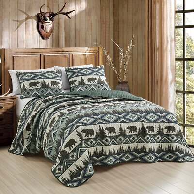 3 Pieces Dark Green Cottage Country Quilt Bear Bedding