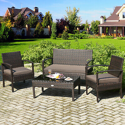 Costway 4PCS Outdoor Patio Rattan Furniture Set Cushioned Sofa Coffee Table Deck