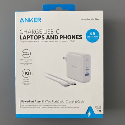 Anker - 60W PowerPort PD Fast Charger w/6ft USB-C Cable - White