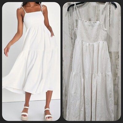 LULUS Effortlessly Simple White Tie Strap Midi Dress With Pockets Size LARGE