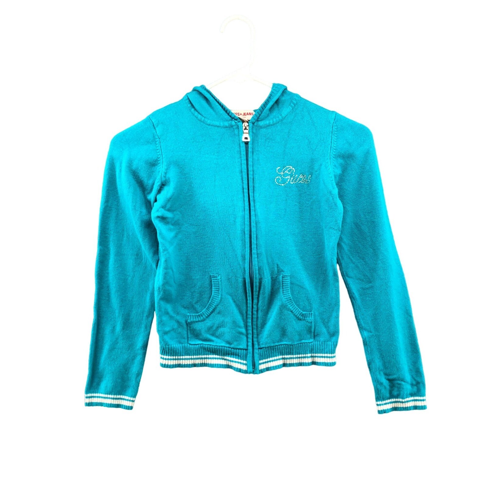 Vintage Guess Y2K Zip Hoodie Beaded Logo Blue Girls Size 8