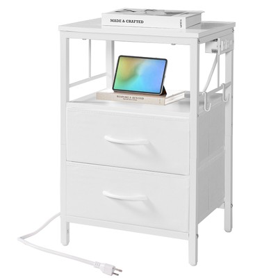 White Nightstands with Charging Station, Bedside Table with Drawers and Storage