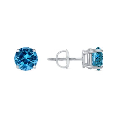 Pre-owned Shine Brite With A Diamond 2 Ct Round Real 14k White Gold Blue Simulated Diamond Earrings Studs Screw Back