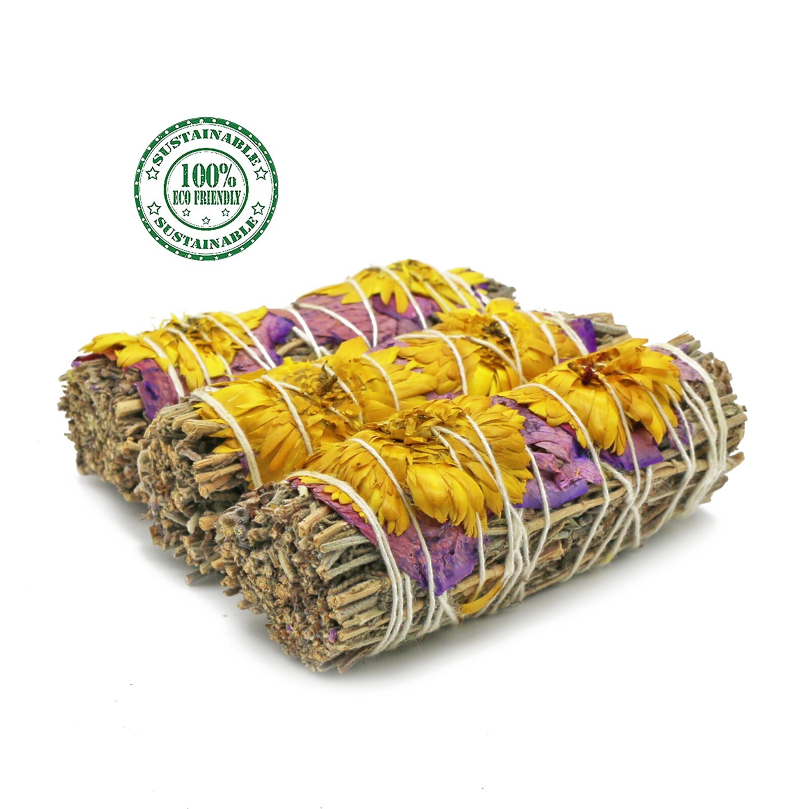 3 Pack Evelyn Lavender Floral White Sage Smudge Sticks with Flowers and Guide 