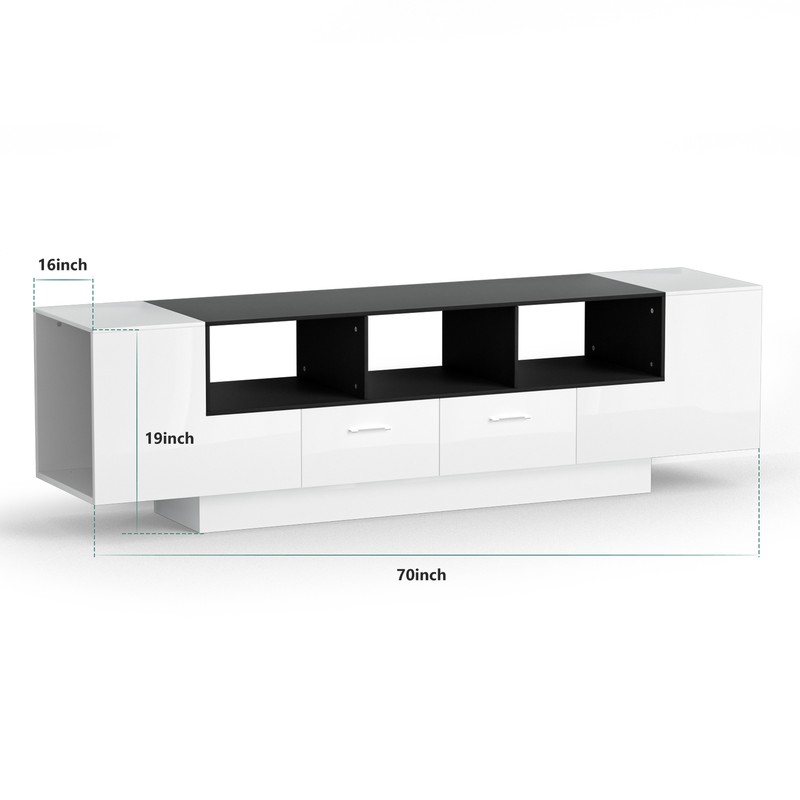 Glossy TV Stand Media Console Cabinet Open Shelves Side Shelf 70in For 80'' TVs