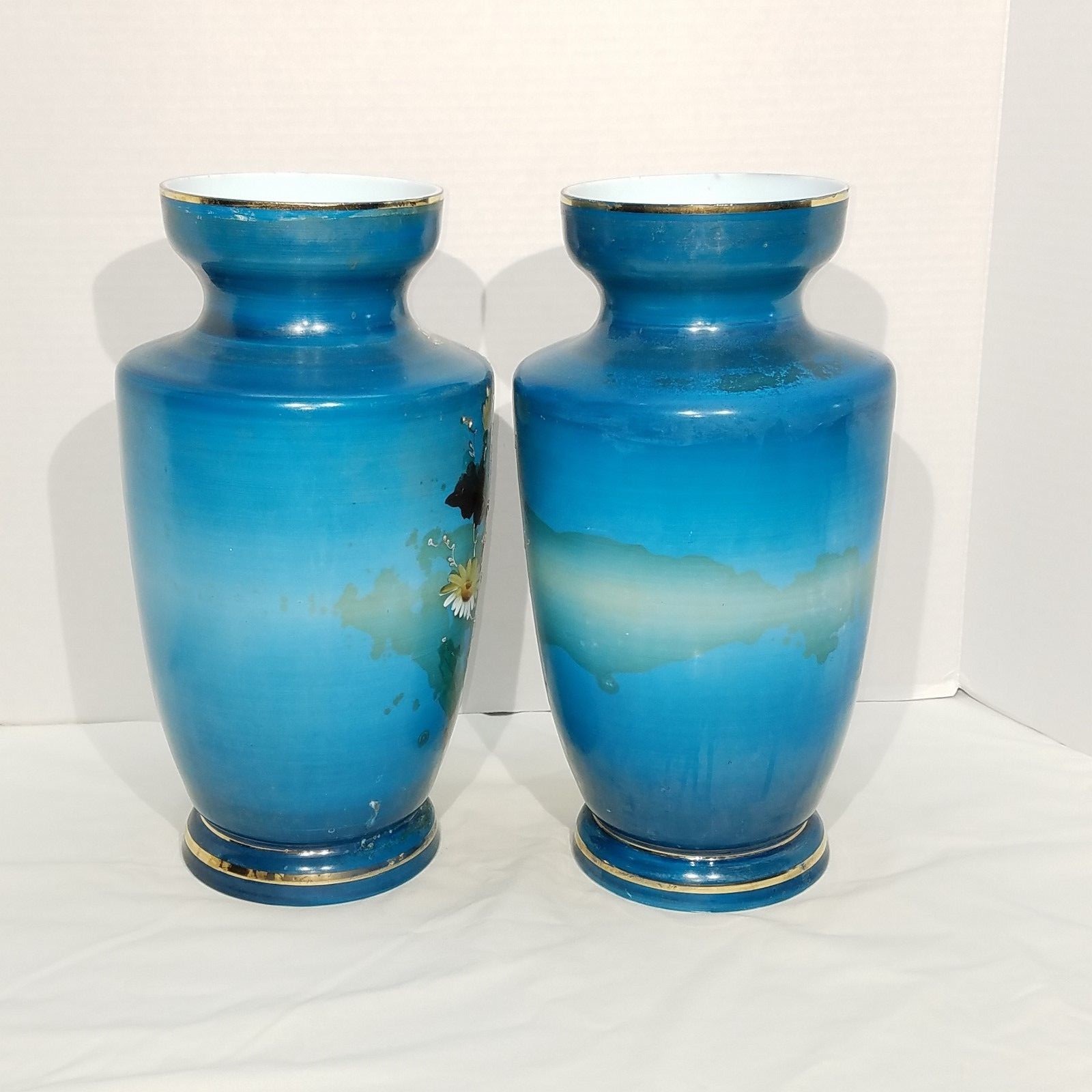 French Opaline Antique Hand-Painted Blue Floral Gilted Vase Pair 12.50