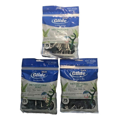 3X Oral-B Glide Dental Floss Picks Detoxifying Mint Tea Tree Oil 75 pick Each
