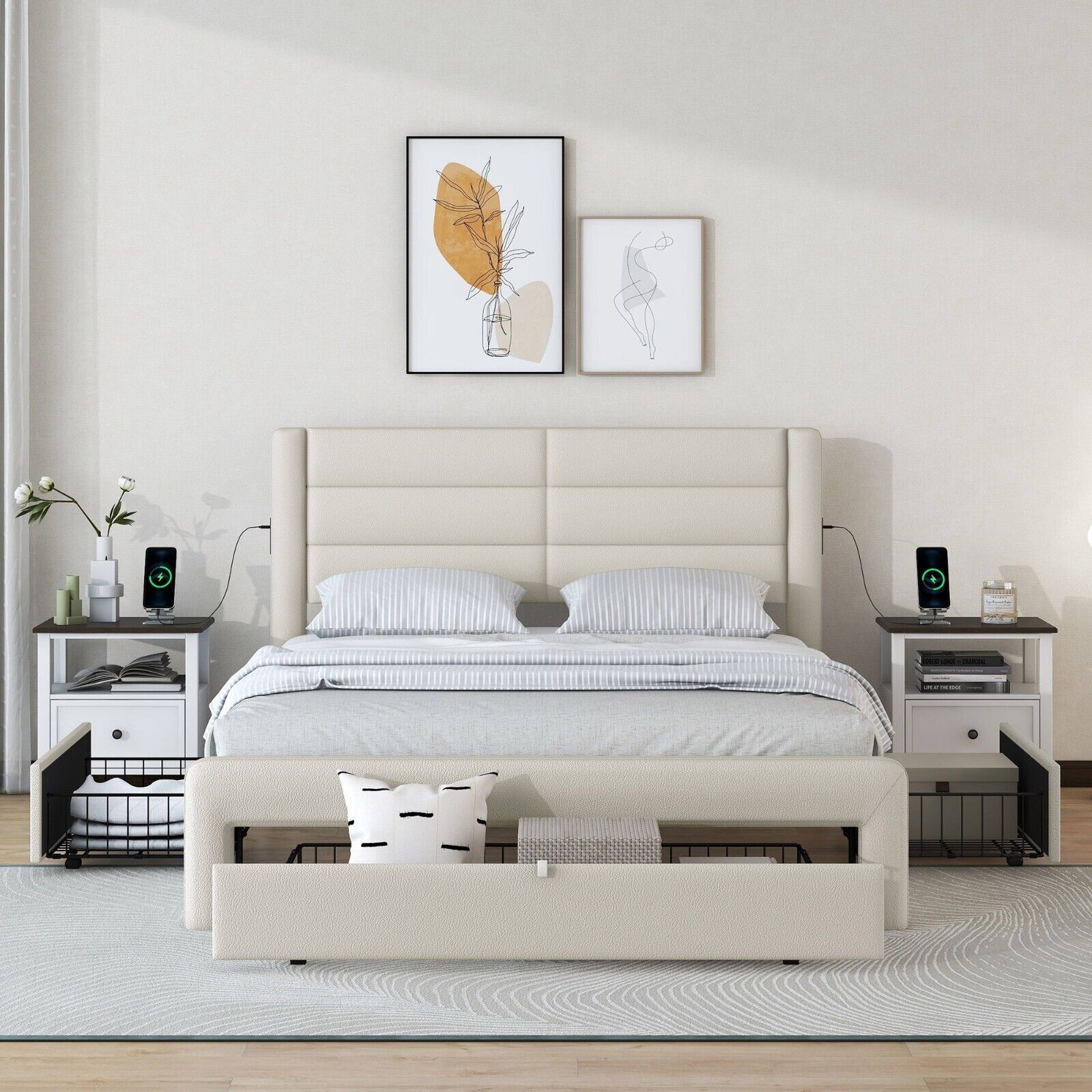 With Drawers Storage, Leather Upholstered Platform, Beige