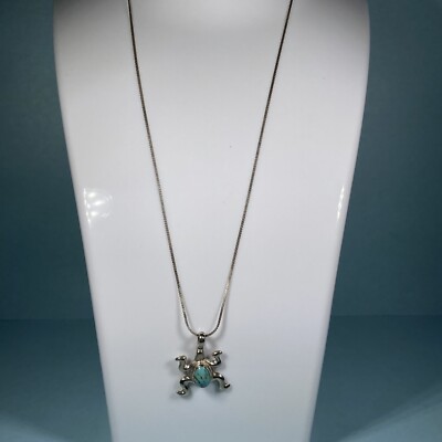 Native American Sterling Silver and Turquoise Turtle Pendant and Chain Signed LM