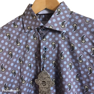 VISCONTI BLACK Shirt Mens Small Grey Paisley Polka Dot Long Sleeve #4131 $125