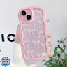 QLTYPRI Cute Bow Case for iPhone 15, Clear Ribbon Bow Pattern Curly Wave Edge Aesthetic Transparent Phone Case, Slim Shockproof Protective Phone Cover for Women Girls - Pink
