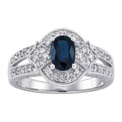 Finecraft 1/4 cttw Diamond & Natural Sapphire Ring in 14K White Gold, Size 7