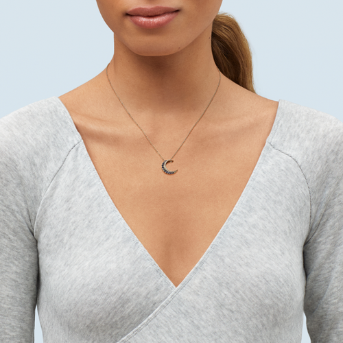 Pre-owned Welry 14k Yellow Gold Moon Pendant Necklace With Lab-created Sapphires, 16" + 1" In Blue