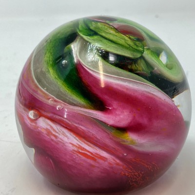 Unique BALL PAPERWEIGHT Hand blown & Signed 3.25 in diameter Green PINK swirl