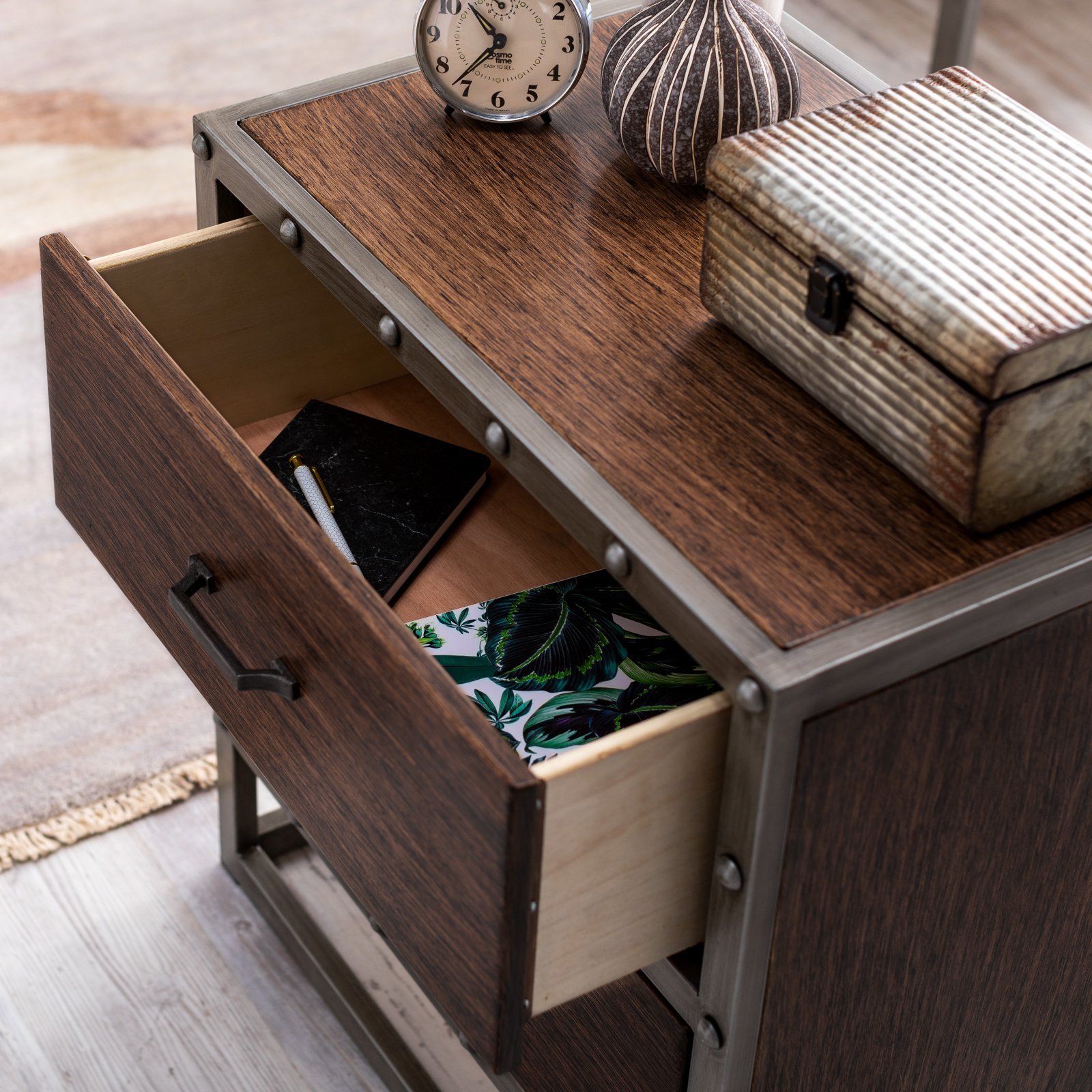 Modern Farmhouse Urban Loft Industrial Gray Brown Wood Metal 2 Drawer Nightstand