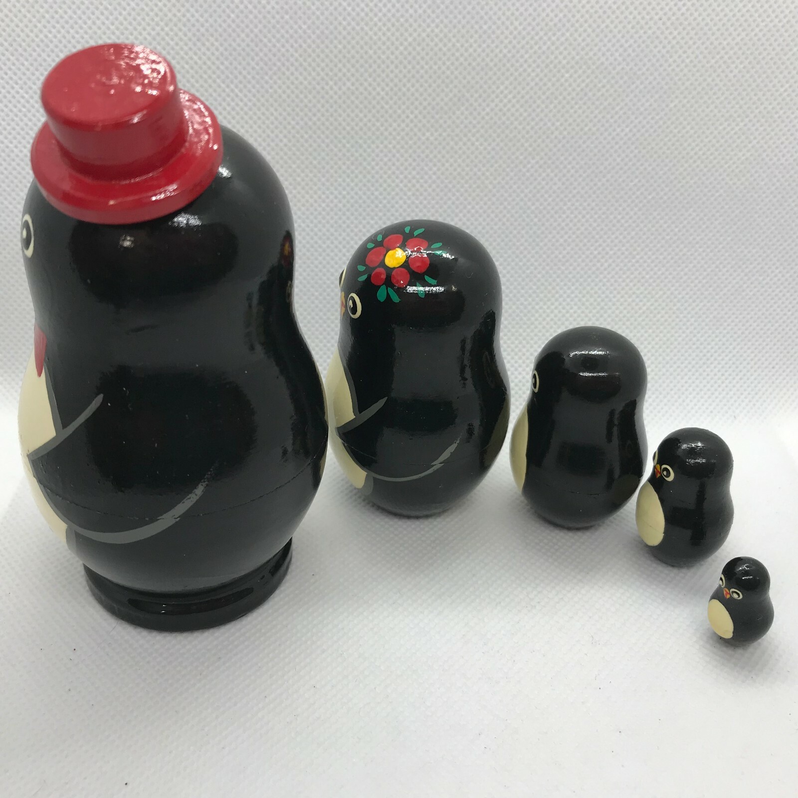 Penguin w/ Red Hat Nesting Dolls Wooden Hand Painted Micro size 5 pc Set Lot