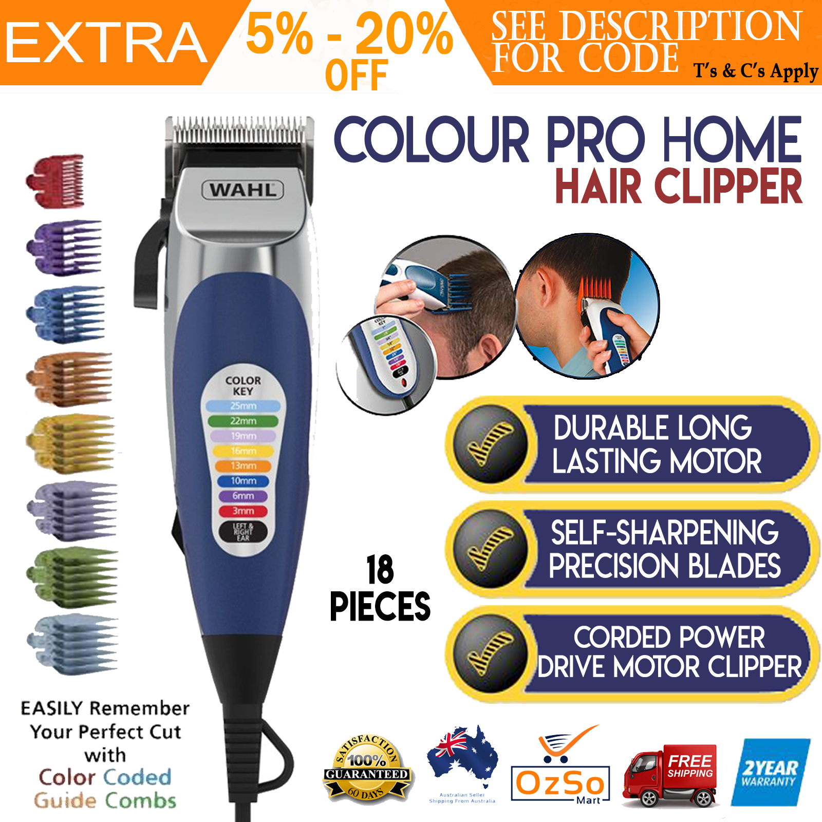 wahl color pro men's haircut kit with color coded guide combs