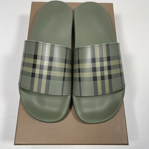 Pre-owned Burberry Nwb  Furley Men Rubber Slip On Slides Sandal Check Army Green 10 Us/43