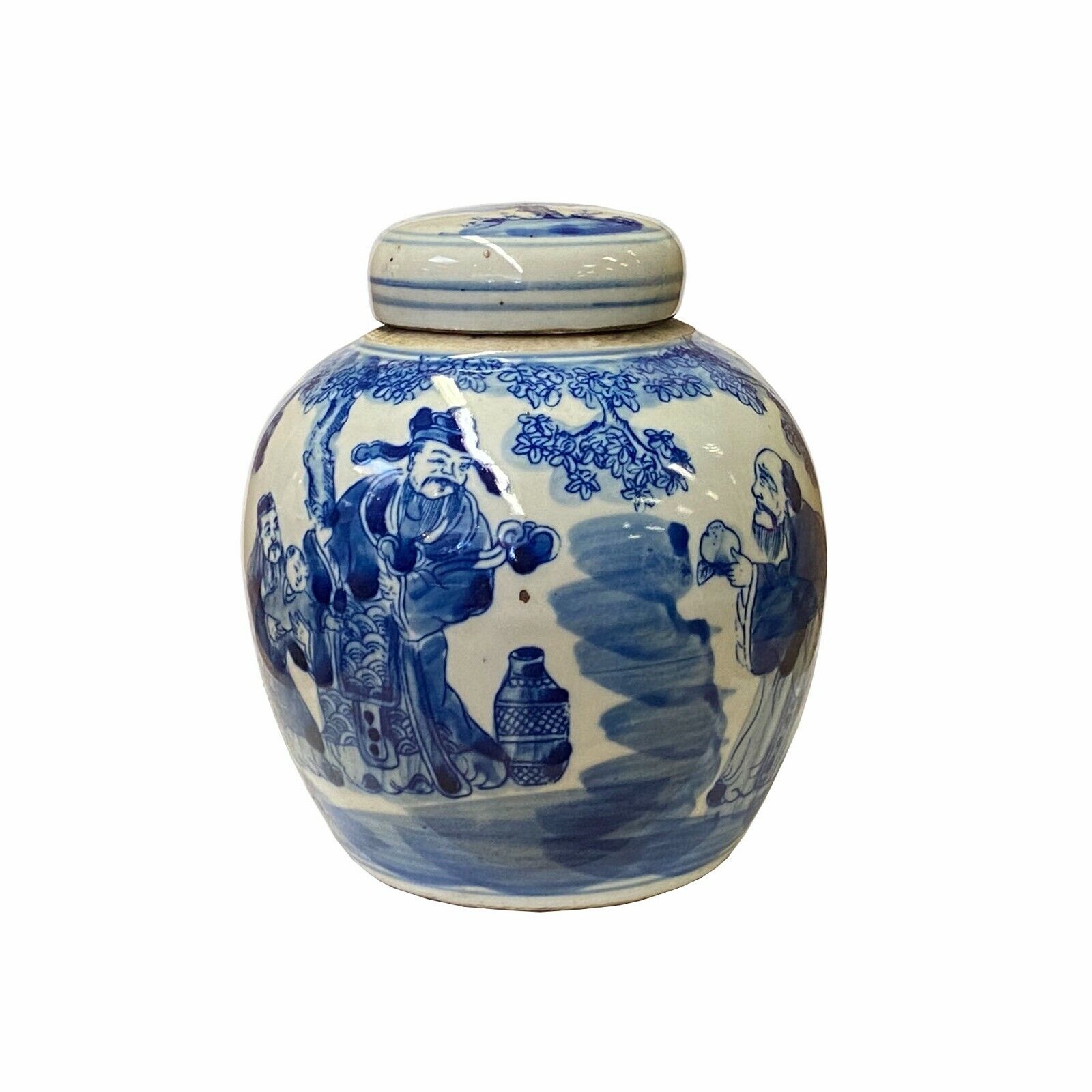 Chinese Oriental Small Blue White Porcelain 3 Gods Theme Ginger Jar ws1860S Chinese Oriental Small Blue White Porcelain 3 Gods Theme Ginger Jar ws1860S
