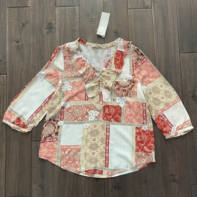 Cooper & Ella Boho Ruffled Patchwork Blouse Small NWT