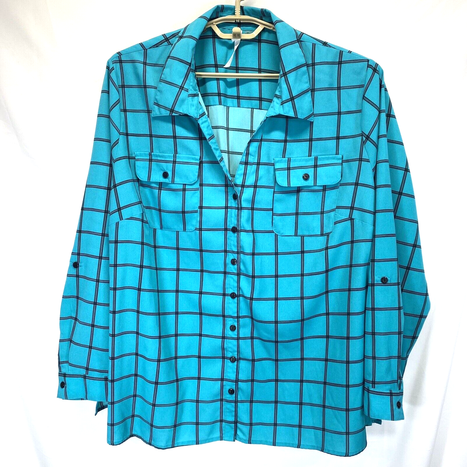 売れ筋商品|||ニューヨークコレクション カットソー トップス レディース Plus Size Long Sleeve Roll Tab Sleeve Plaid Y-Neck Top Navy Plaid Ny Collection Womens 3X Blouse Stretch Button Up Roll Tab