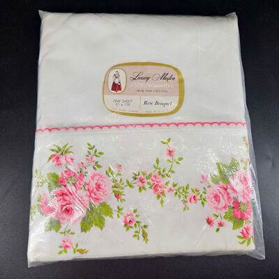 Vintage Springmaid ROSE BOUQUET cottage core Muslin Sheet embroidered border