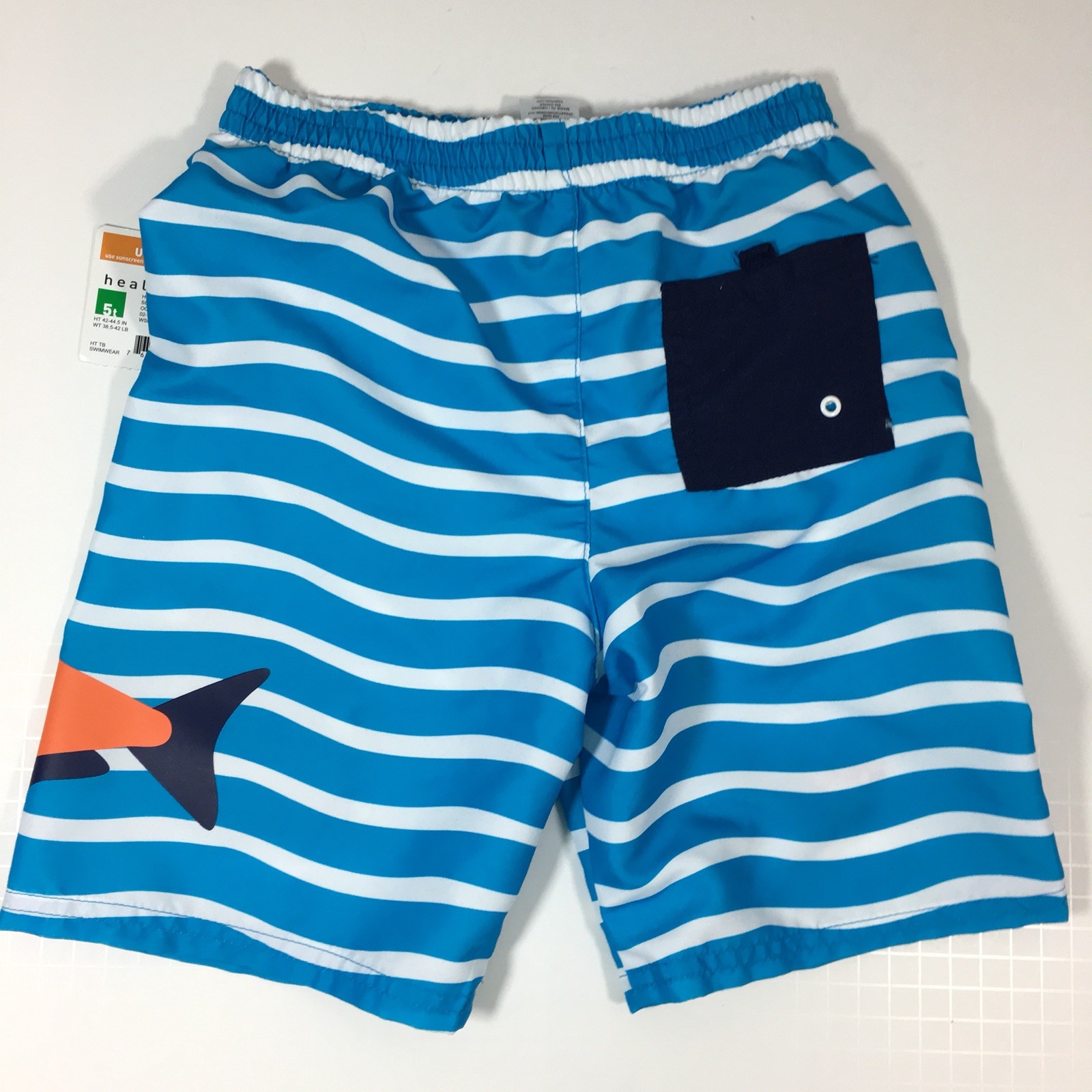 HEALTHTEX, BOYS SIZE 5T STRIPED Blue Orange White SWIM TRUNKS Fish NWT (L42)