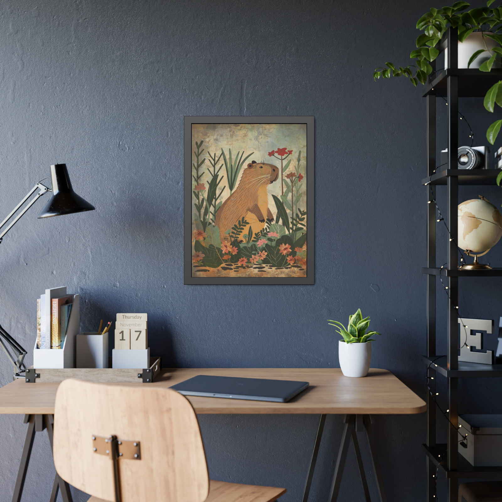 Retro CAPYBARA FLOWER Wall Art, Botanical Floral Wildlife Rodent Nature Poster